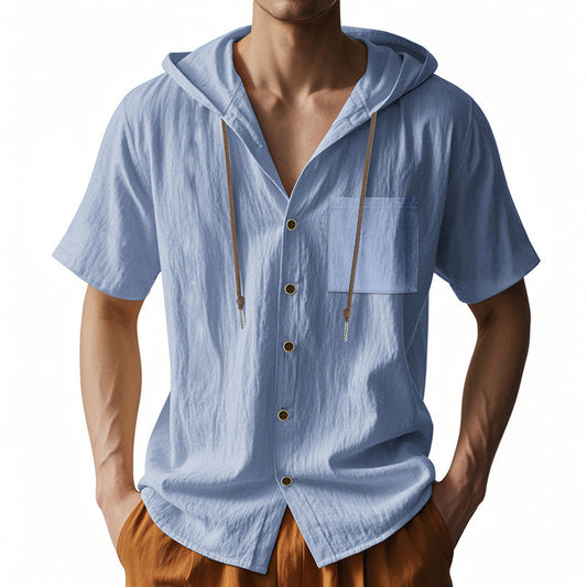 Men’s Hooded Shirt – Linen Blend – Relaxed Fit – Short Sleeve – Button-Up Casual