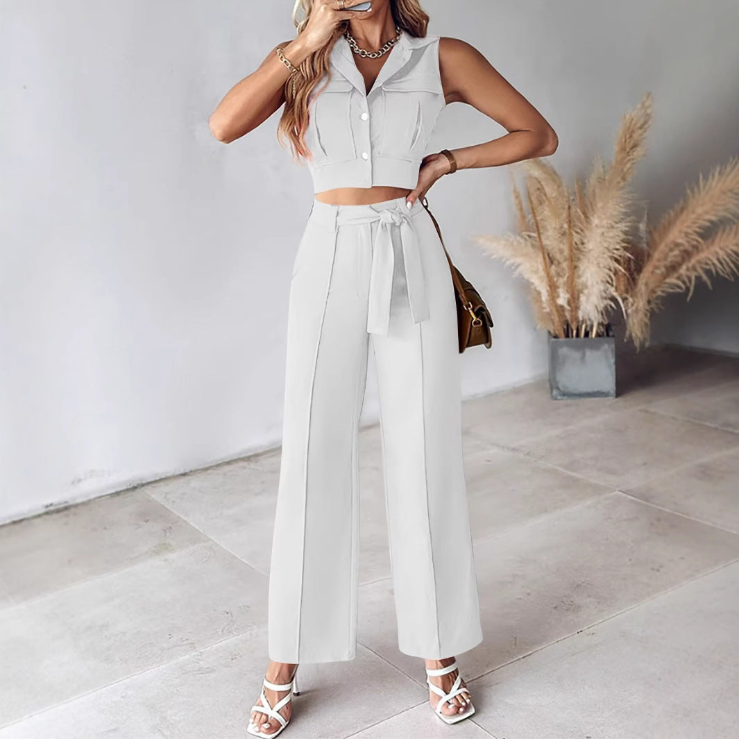 Women’s Pant Set – Sleeveless Button-Up Crop Top – Wide Leg High Waist Trousers – Belted Fit