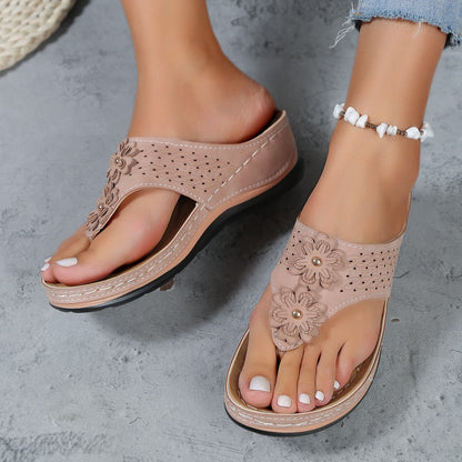 Women’s Platform Thong Sandals – Cushioned Sole – Floral Strap – Open Toe