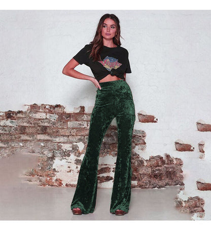 Women’s Flared Pants – Velvet Texture – High Waist – Tailored Fit – Full Length