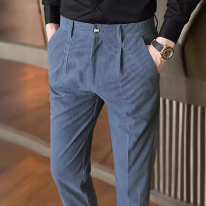 Men’s Corduroy Trousers – Slim Fit – Pleated Front – Full Length – Smart Casual