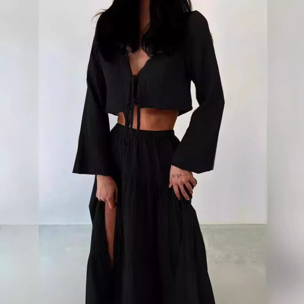 Women’s Two-Piece Set – Cotton Linen – Tie-Front Cropped Cardigan & High-Slit Skirt