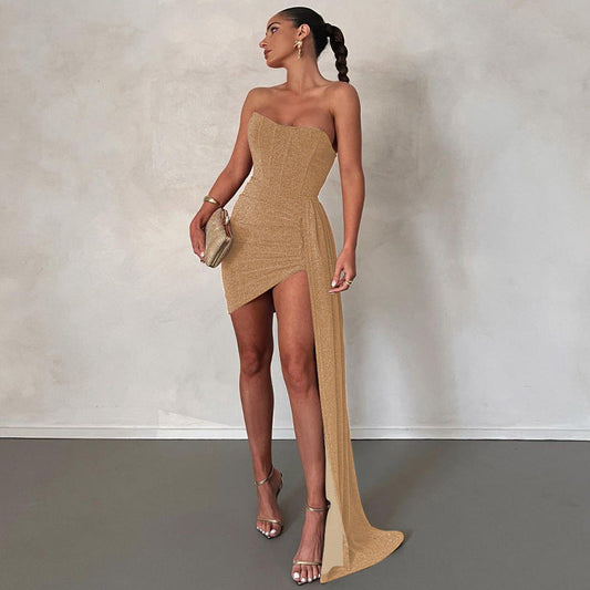 Women’s Mini Dress – Strapless Bodycon Fit – Satin Feel – Draped Asymmetrical Hem
