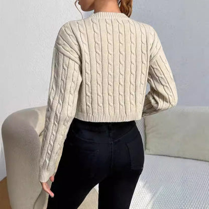Women’s Pullover Sweater – Cable Knit – Cropped Slim Fit – Crew Neck Long Sleeve