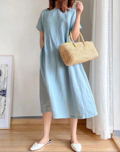 Women’s Midi Dress – Loose Fit – Lightweight Breathable Fabric – Short Sleeve Casual