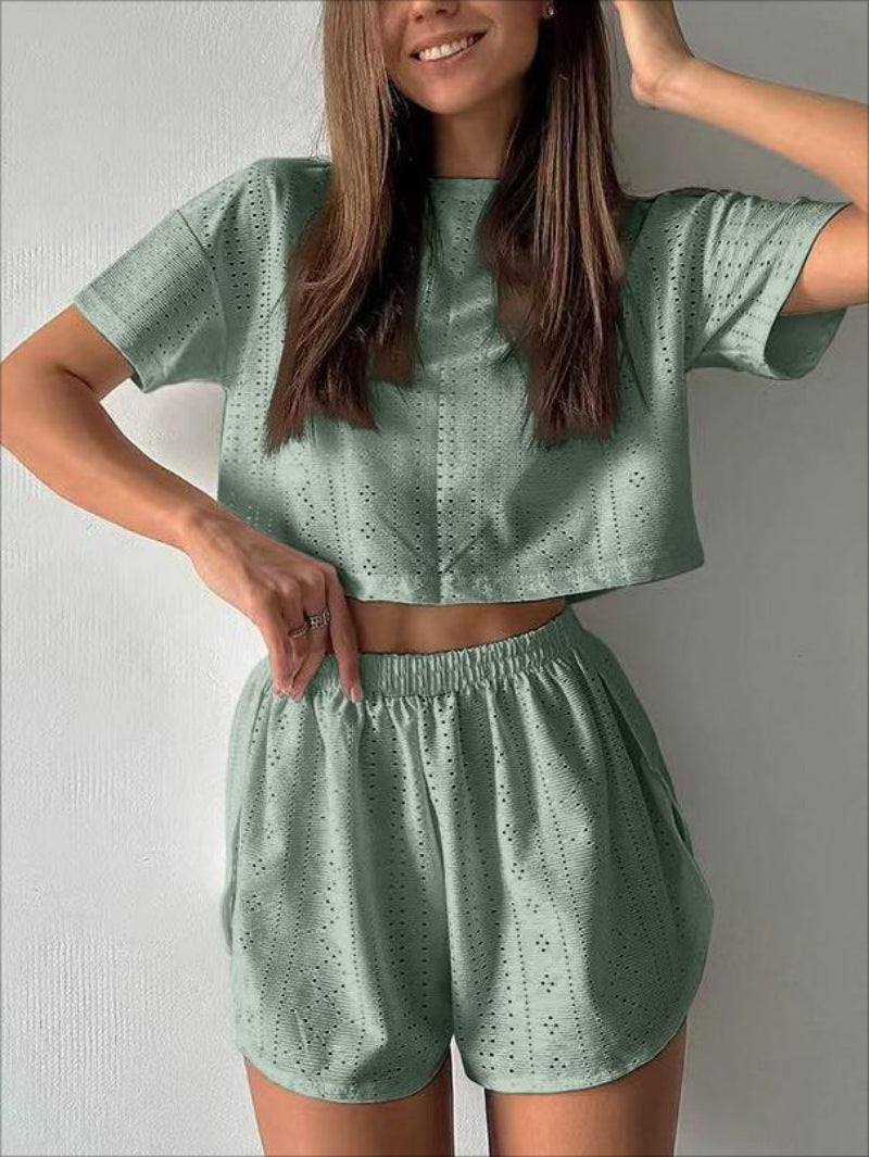 Women’s Two-Piece Set – Cotton Blend – Relaxed Fit – Perforated Crop Top & Shorts