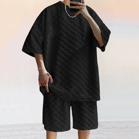 Men’s Shirt and Shorts Set – Jacquard Knit – Loose Fit – Check Pattern – Casual Wear