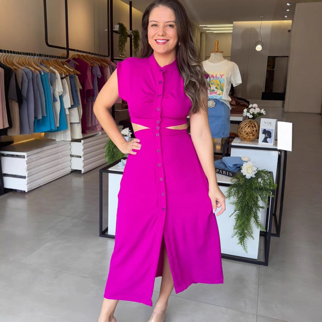 Women’s Midi Dress – Slim Fit – Sleeveless – Cut-Out Waist – Button Front – Stand Collar