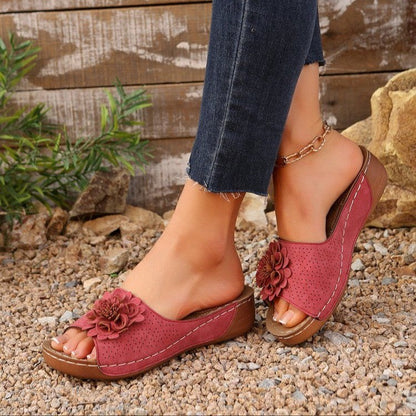 Women’s Wedge Sandals – Open Toe – Perforated Faux Suede – Floral Accent – Casual Wear