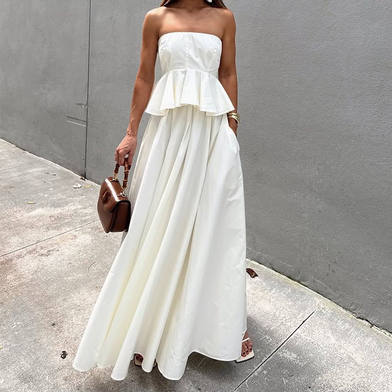Women’s Strapless Maxi Dress – Fitted Bodice – Peplum Waist – A-Line Silhouette
