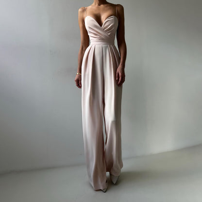 Women’s Jumpsuit – Satin Finish – Sweetheart Neckline – Ruched Bodice – Wide Leg