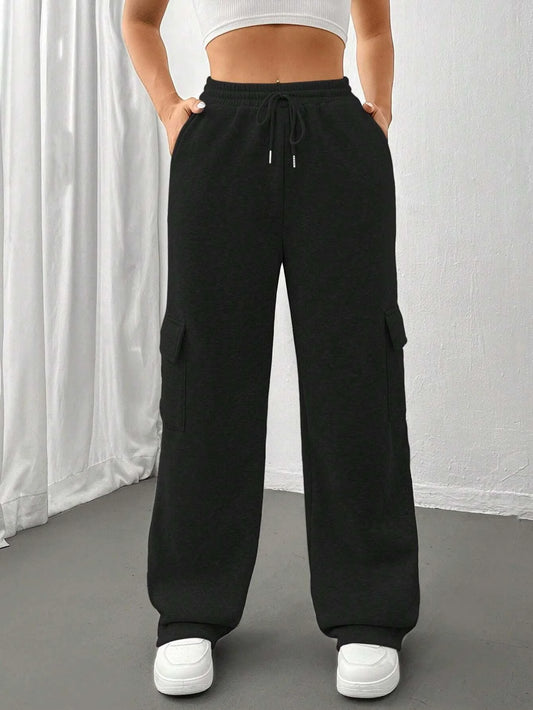 Women’s Cargo Sweatpants – Relaxed Fit – Wide Leg – High Waist – Drawstring