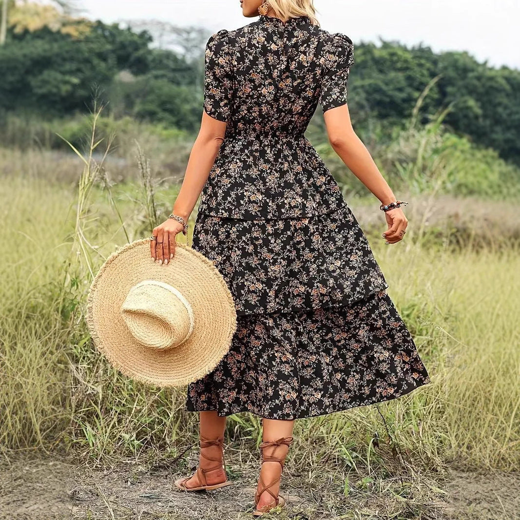 Women’s Midi Dress – Floral Print – Puff Sleeve – Tiered Skirt – Defined Waist