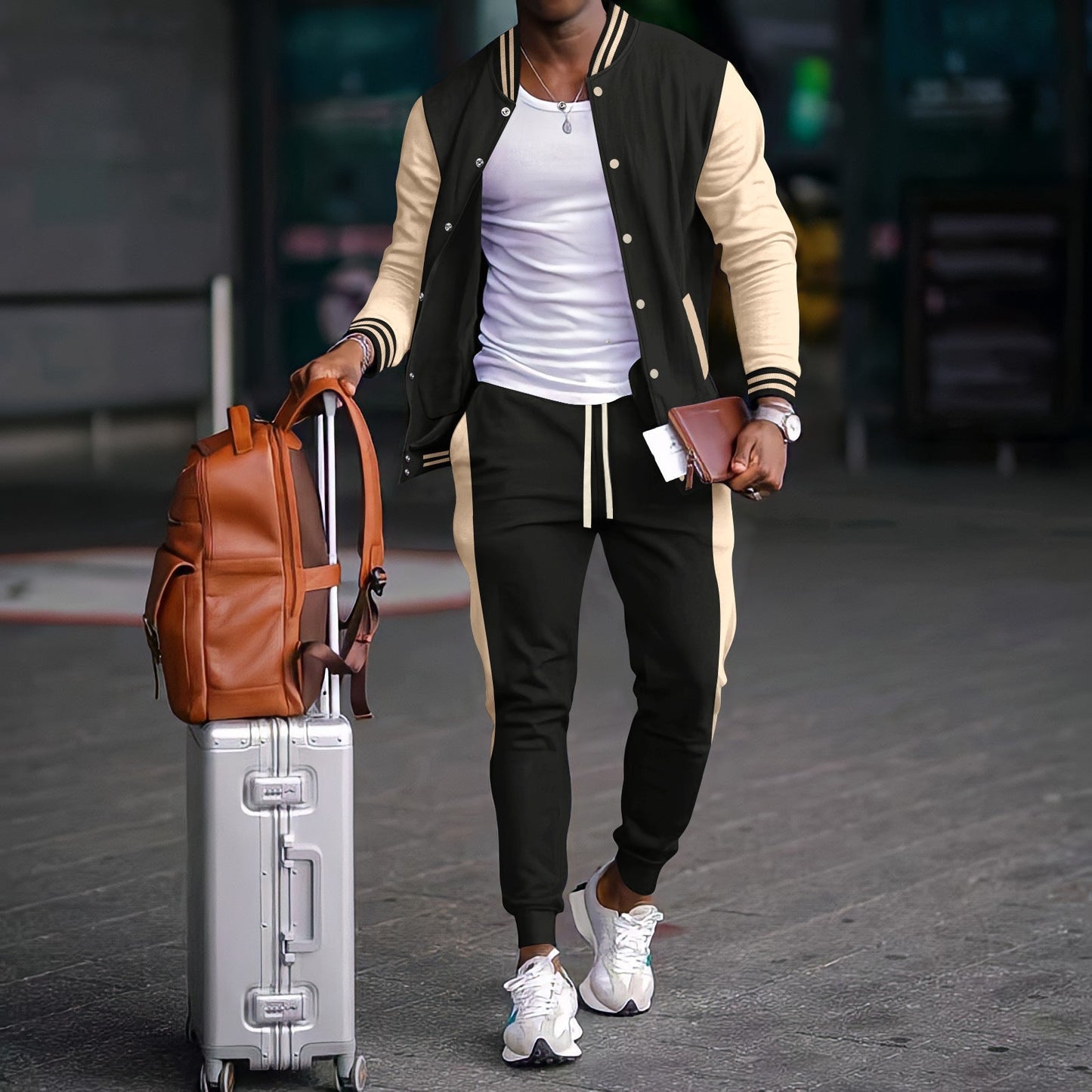 Men’s Cardigan Set – Tailored Fit – Contrast Sleeves – Snap Button Closure – Adjustable Drawstring Pants – With Side Pockets