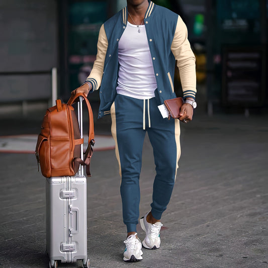 Men’s Cardigan Set – Tailored Fit – Contrast Sleeves – Snap Button Closure – Adjustable Drawstring Pants – With Side Pockets