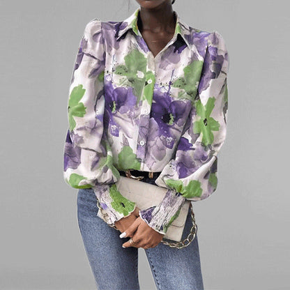 Women’s Button-Down Shirt – Oversized Fit – Puff Sleeves – Floral Print – Smocked Cuffs
