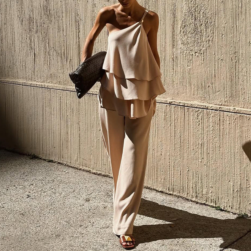 Women’s Two-Piece Set – Asymmetrical Ruffle Top – Wide-Leg Full-Length Pants