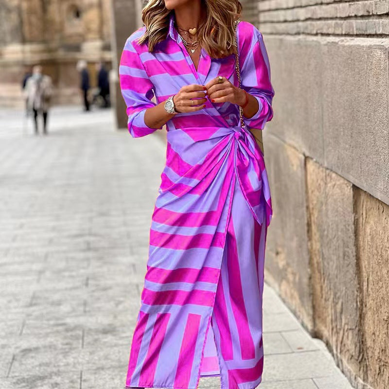 Women’s Dress - Lightweight Woven Fabric - Shirt Collar - Wrap Front - Midi Length