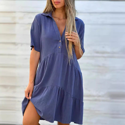 Women’s Casual Dress – Natural Fibers – Relaxed Fit – Tiered – Collared – Short Sleeve