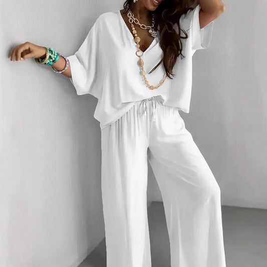 Women’s Two-Piece Set – V-Neck Top and Wide-Leg Pants – Relaxed Fit – Breathable Blend