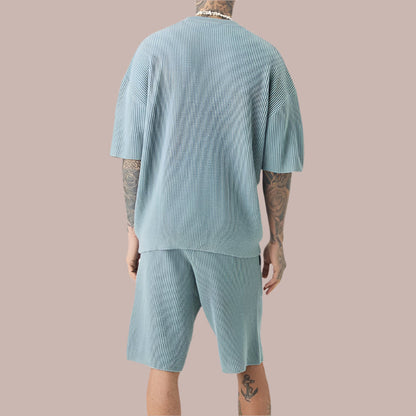 Men’s Casual Set – Soft Ribbed Knit – Relaxed Fit – Short Sleeve Top and Shorts