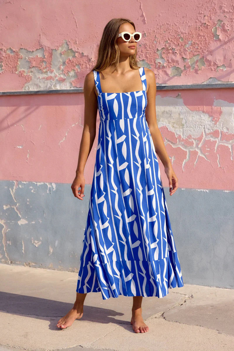 Women’s Long Dress – A-Line Fit – Abstract Print – Square Neck – Breathable Fabric