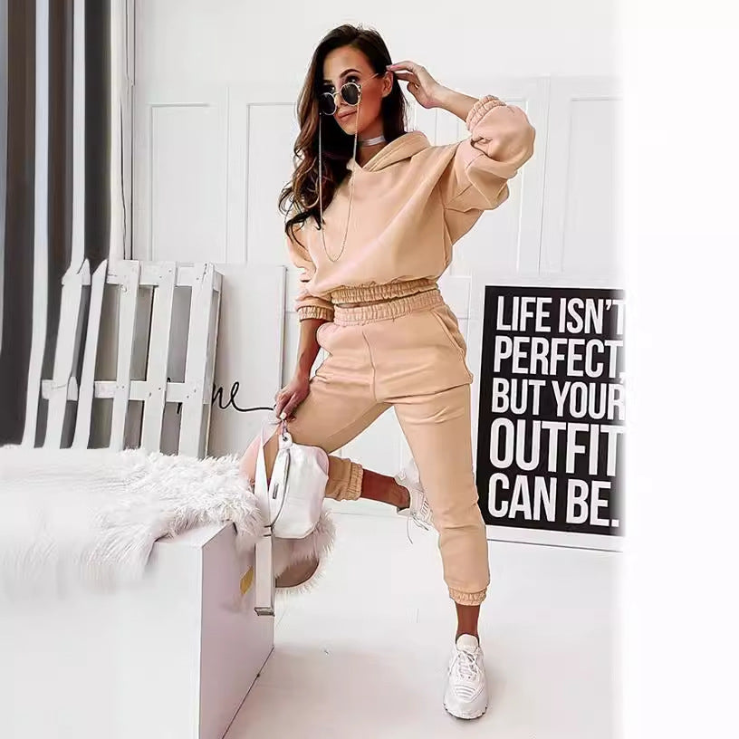 Women’s Tracksuit Set – Relaxed Fit – Cotton Blend – Hoodie with Elastic Waist & Cuffs