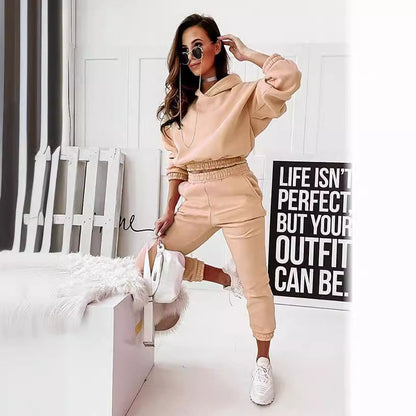 Women’s Tracksuit Set – Relaxed Fit – Cotton Blend – Hoodie with Elastic Waist & Cuffs