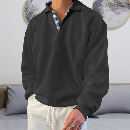Men’s Sweatshirt – Soft Knit – V-Neck Lapel – Loose Fit – Ribbed Cuffs – Casual Wear