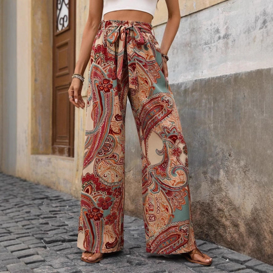 Women’s Wide-Leg Pants – Bohemian Print – High Waist – Tie Belt – Lightweight Cotton