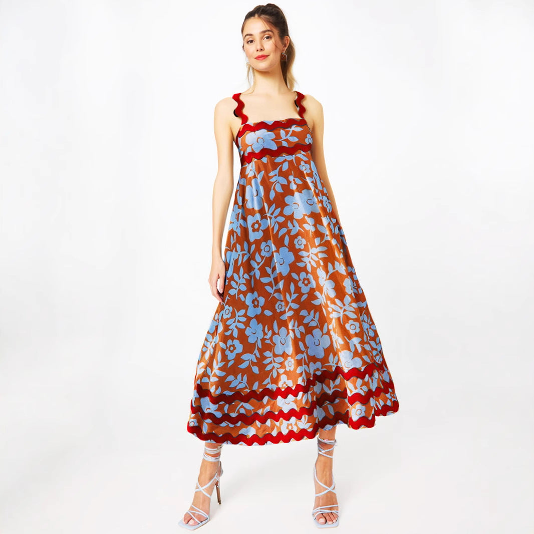 Women’s Long Dress – Floral Print – Flowing A-Line Fit – Strappy with Wavy Trim