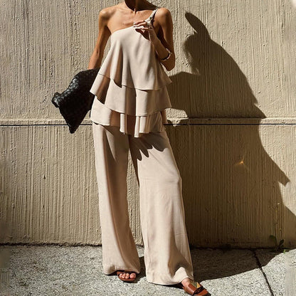 Women’s Two-Piece Set – Asymmetrical Ruffle Top – Wide-Leg Full-Length Pants