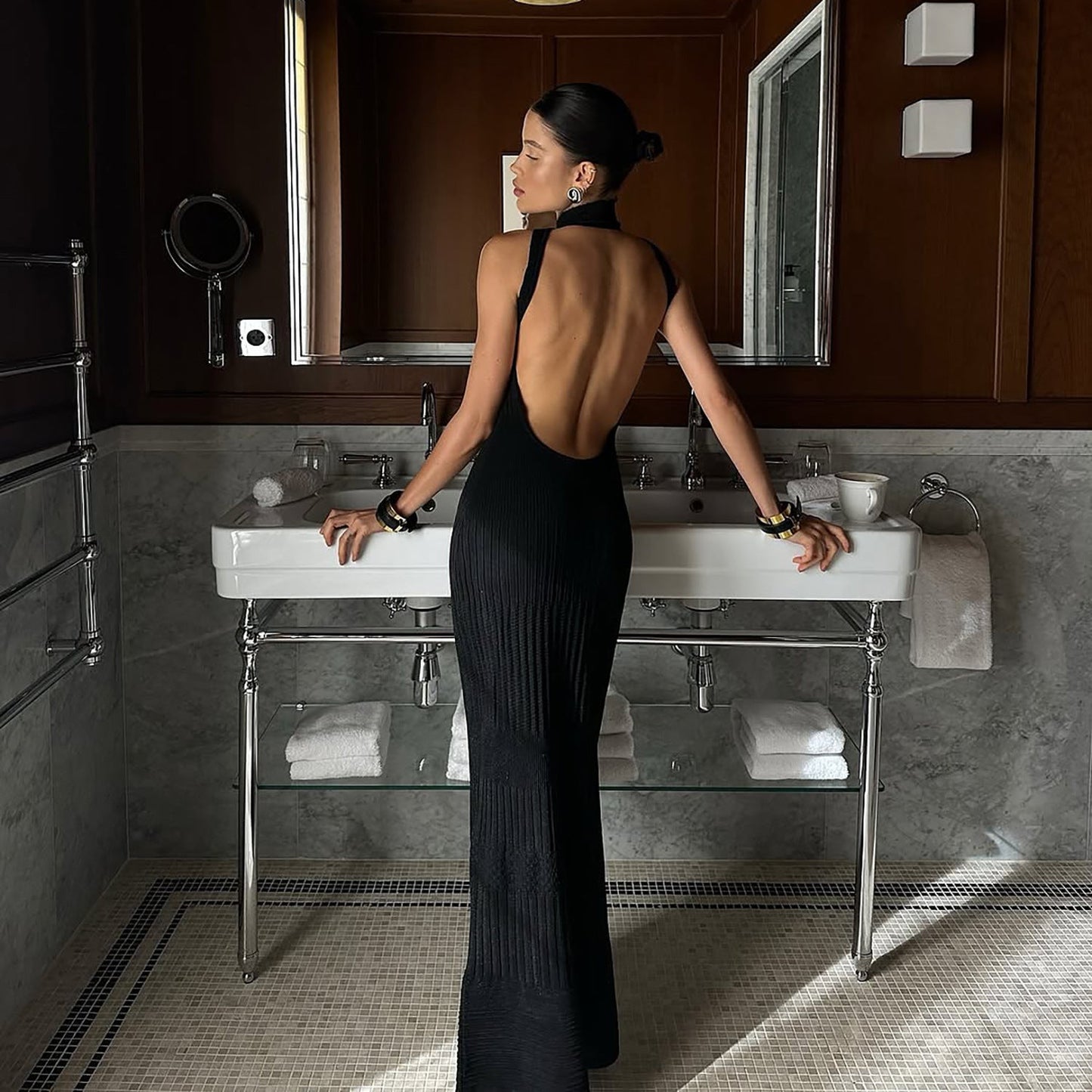 Women’s Halter Dress – Knit Fabric – Slim Fit – Sleeveless Open Back – Midi Length