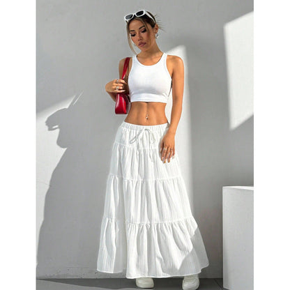 Women’s Long Skirt – Cotton Blend – A-Line Fit – Tiered – Drawstring Waist – Casual
