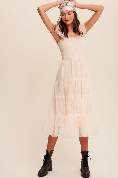 Women’s Long Dress – Smocked Bodice – Tiered Mesh Skirt – Ruffled Sleeveless Straps