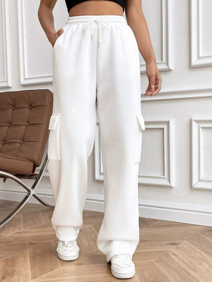 Women’s Cargo Sweatpants – Relaxed Fit – Wide Leg – High Waist – Drawstring