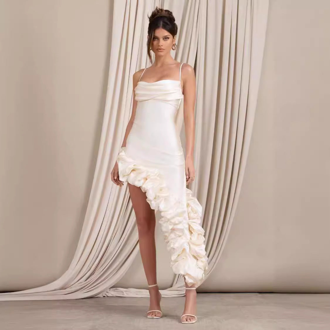 Women’s Evening Gown – Satin – Fitted Ruched – Spaghetti Straps – Asymmetric Hem