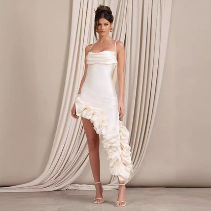 Women’s Evening Gown – Satin – Fitted Ruched – Spaghetti Straps – Asymmetric Hem