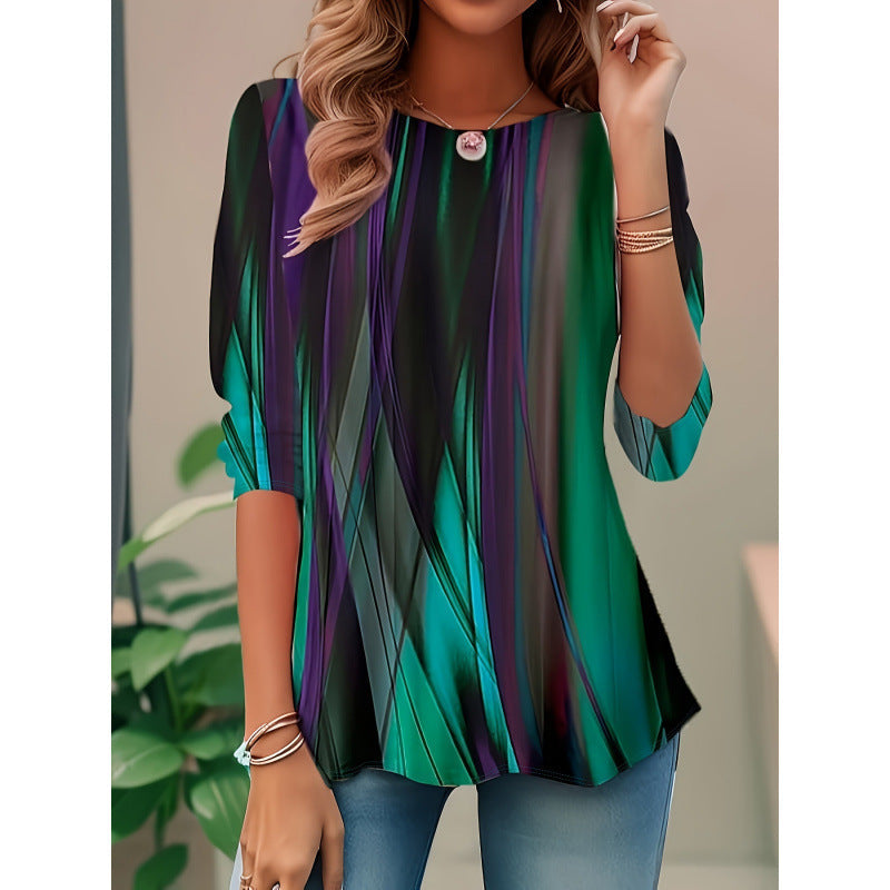 Women’s Blouse – Relaxed Fit – Abstract Print – Cotton – 3/4 Sleeve