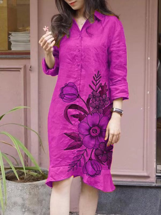 Women’s Shirt Dress – Cotton Feel – Relaxed Fit – Knee Length – Floral Print – Button Front