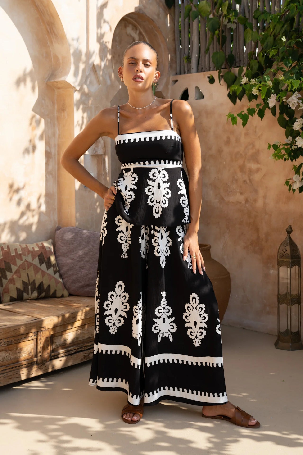 Women’s Two-Piece Set – Cotton Blend – Peplum Top Spaghetti Straps – Wide Leg Pants