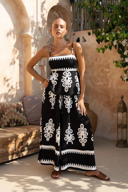 Women’s Two-Piece Set – Cotton Blend – Peplum Top Spaghetti Straps – Wide Leg Pants