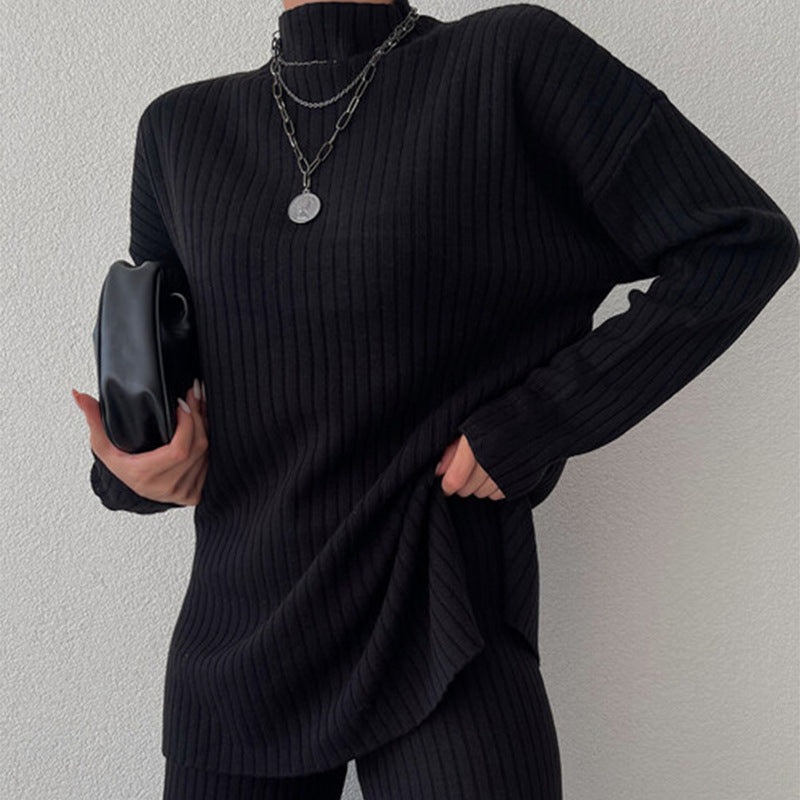 Women’s Knit Set – Ribbed Two-Piece – Oversized Top – Semi-High Neck – Full Length