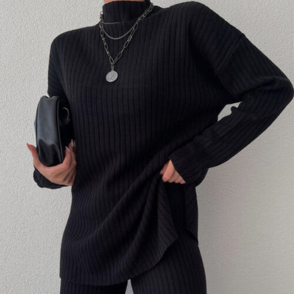 Women’s Knit Set – Ribbed Two-Piece – Oversized Top – Semi-High Neck – Full Length