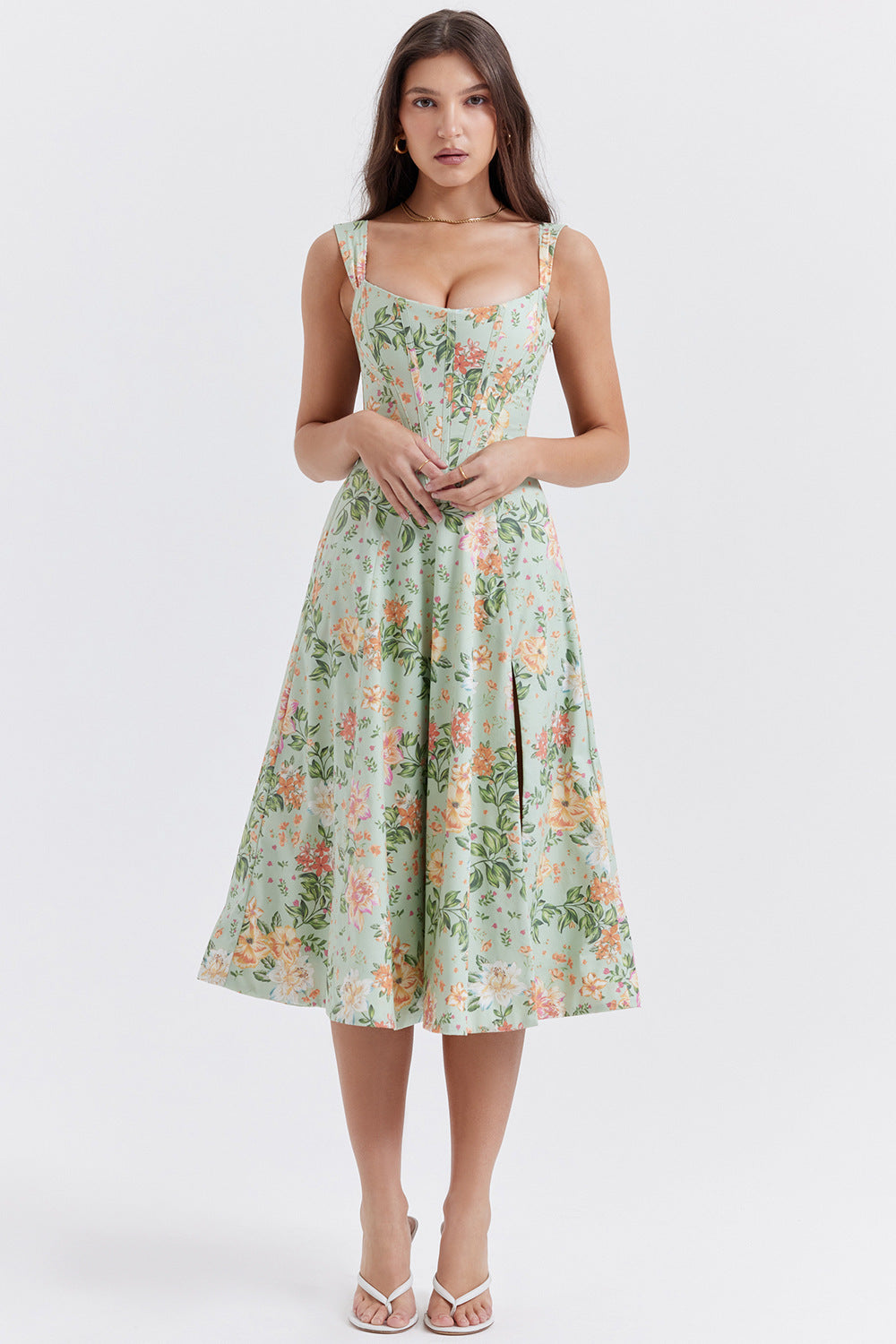 Women's Dress - Floral Print - Corset Bodice - Side Slit - Sleeveless