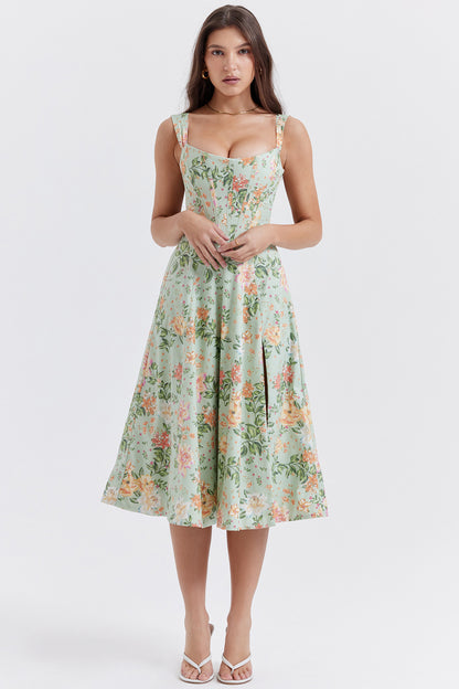 Women's Dress - Floral Print - Corset Bodice - Side Slit - Sleeveless