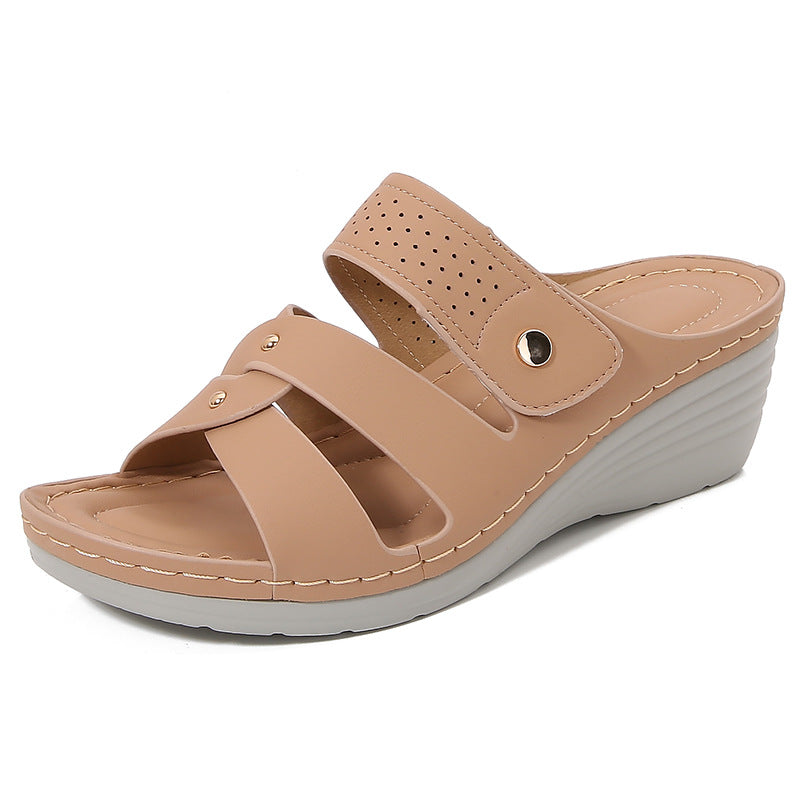 Women’s Wedge Sandals – Slip-On Design – Open Toe – Rivet Straps – Cushioned Footbed