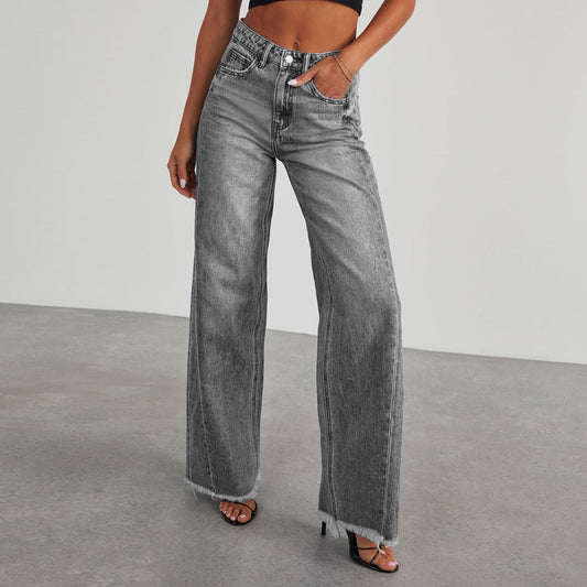 Women’s Wide-Leg Jeans – Washed Denim – Relaxed Fit – High Waist – Frayed Hem