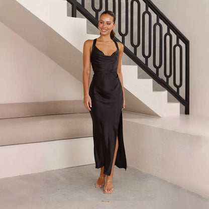 Women’s Long Dress – Satin Finish – Slim Fit – Cowl Neck – Side Slit Formal Gown