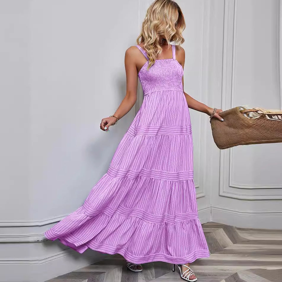 Women’s Sundress – Smocked Bodice – Tiered Maxi Skirt – Lightweight Cotton Blend – Spaghetti Straps